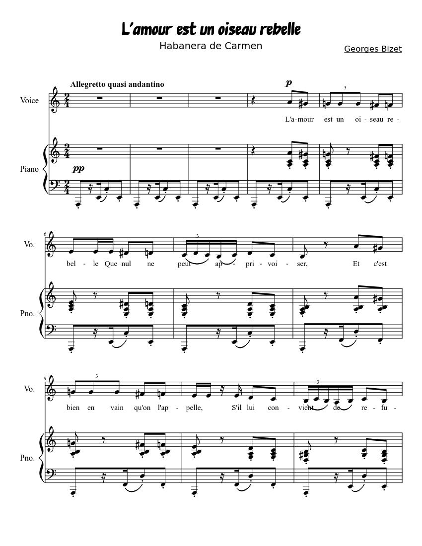 Georges Bizet - Habanera (Carmen) Sheet music for Piano, Voice (other) ( Piano-Voice) | Musescore.com