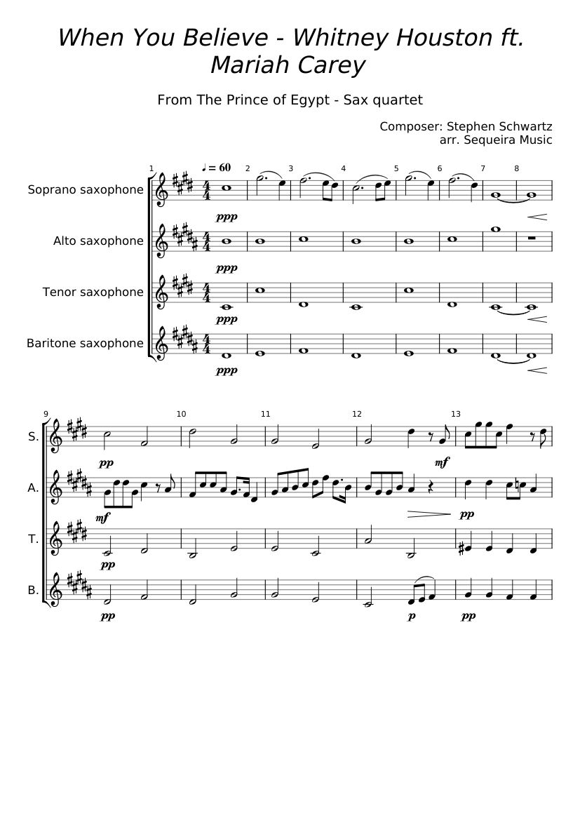 When You Believe Whitney Houston Ft Mariah Carey Sax Quartet Sheet When you believe whitney houston ft mariah carey sax quartet sheet