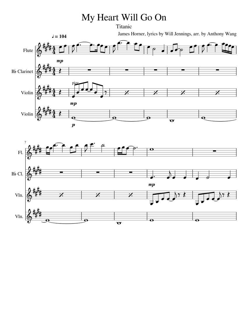 My Heart Will Go On Sheet music for Flute, Clarinet in b-flat, Violin  (Mixed Quartet) | Musescore.com