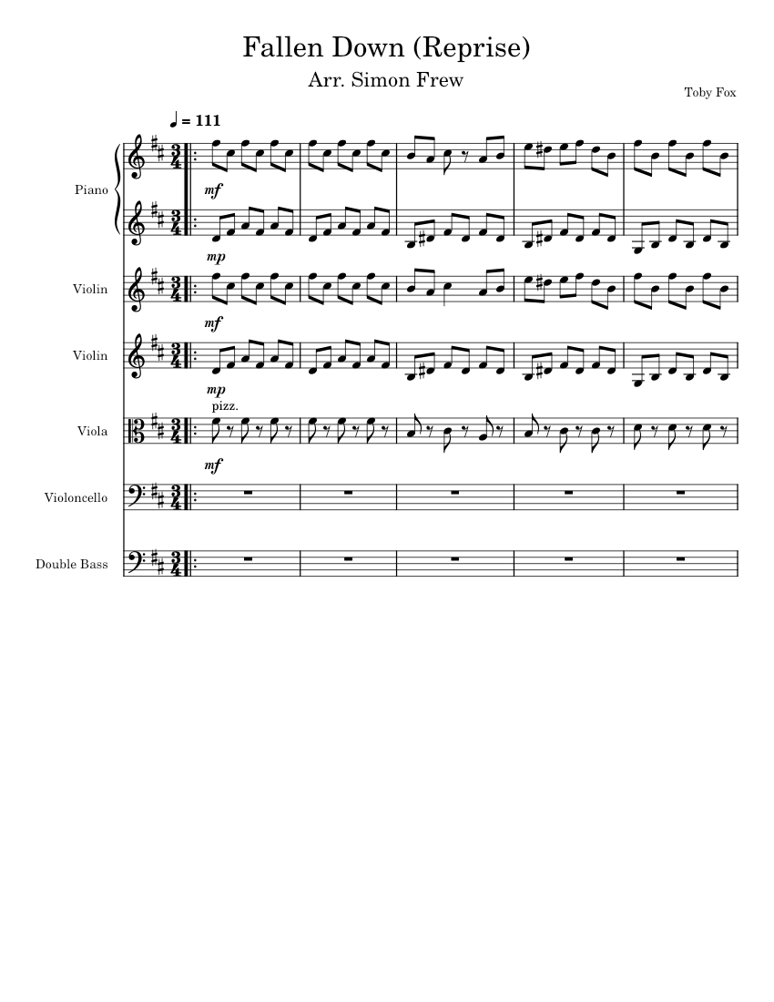 Fallen Down Reprise By Toby Fox Sheet Music For Piano Contrabass Violin Viola And More