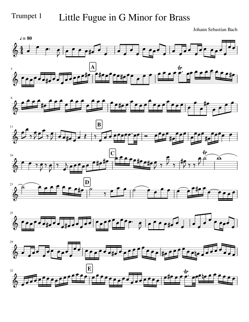 Little Fugue in G Minor for Brass Trumpet 1 Sheet music for Trumpet in  b-flat (Solo) | Musescore.com