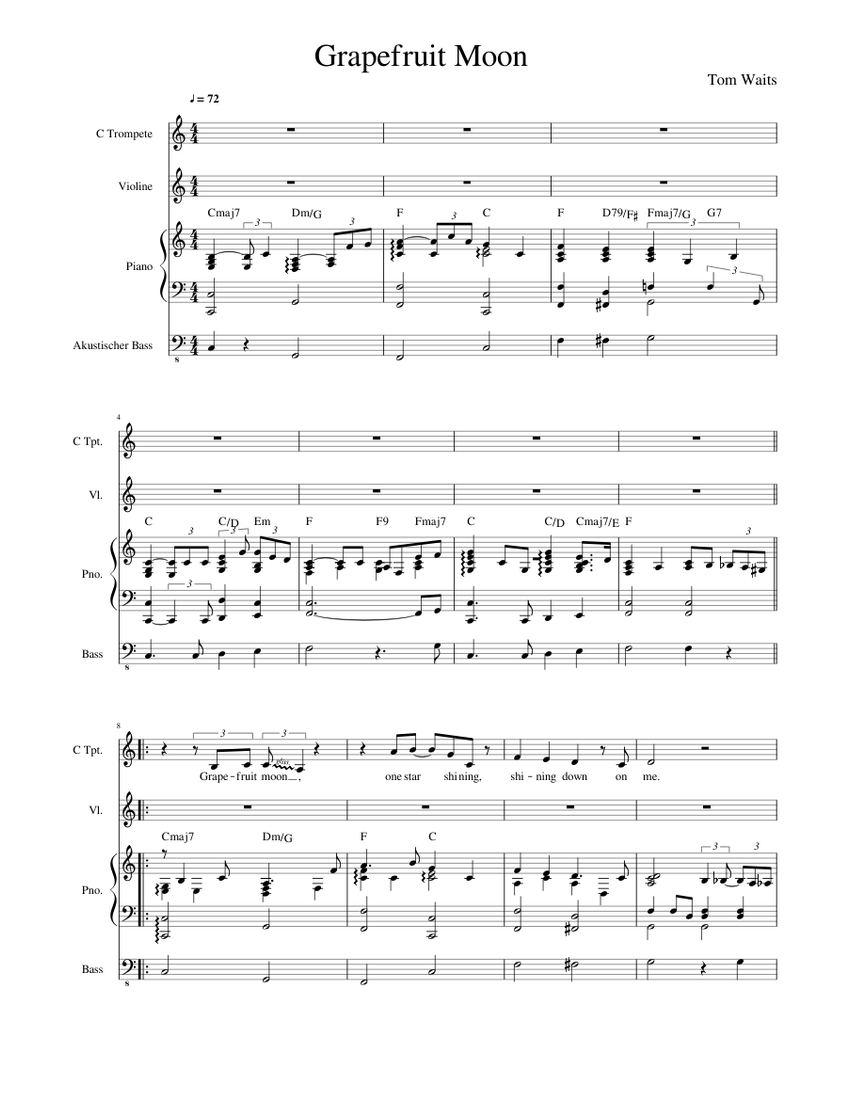 Tom Waits Grapefruit Moon Sheet Music For Piano Violin Bass Trumpet In C Mixed Quartet Musescore Com