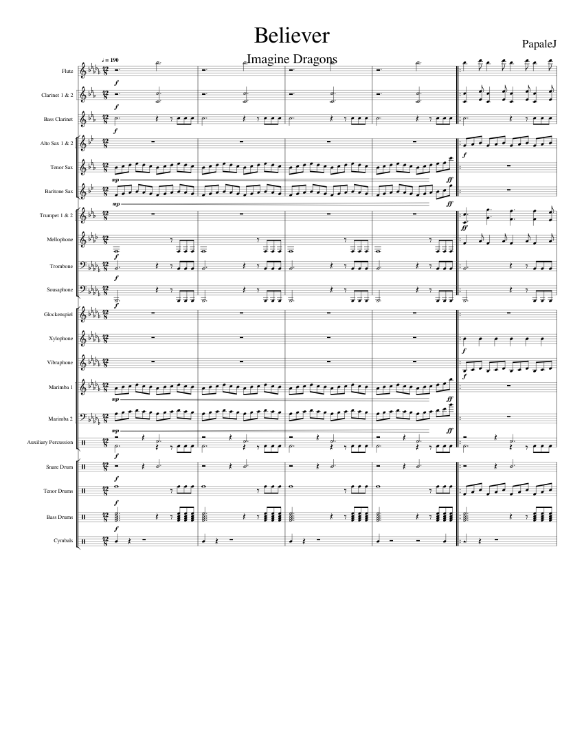 Believer Sheet music for Trombone, Tuba, Flute, Clarinet in b-flat ...