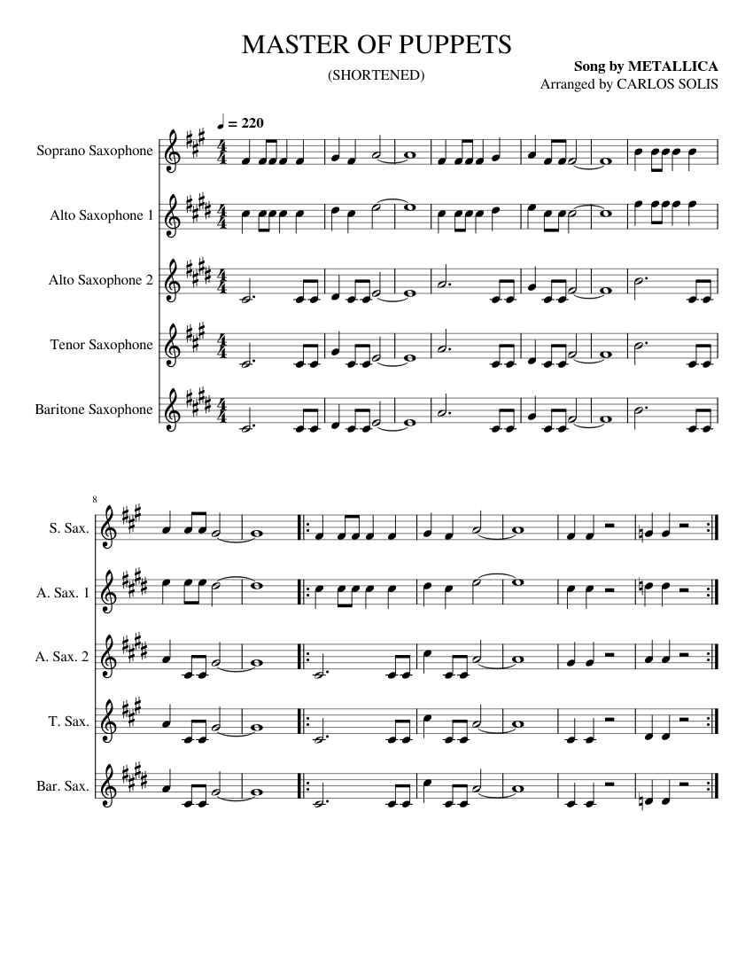 Puppet Note Music MASTER OF PUPPETS (SHORTENED) by CARLIT0CHURRIT0 Sheet Music for ...