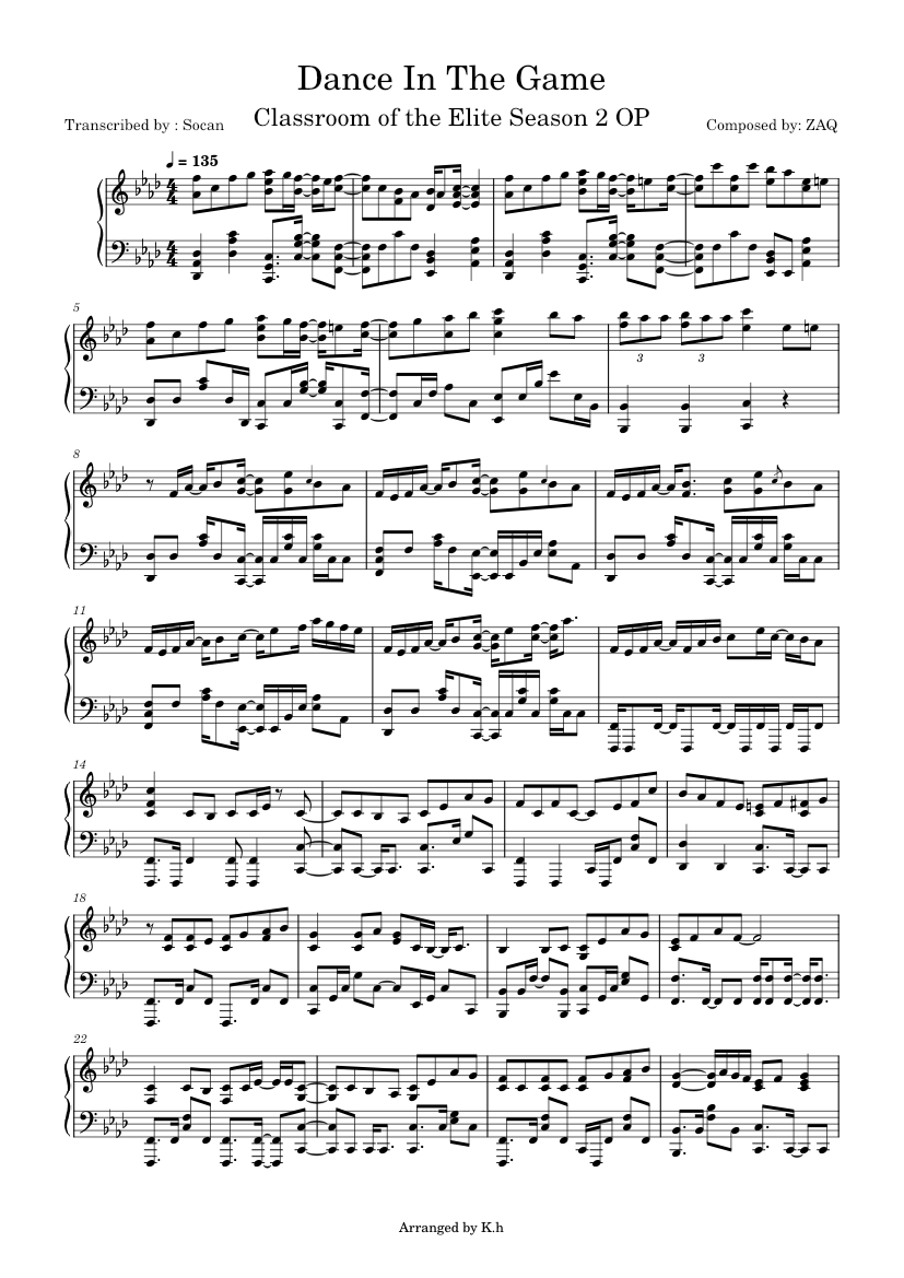 アニメ RETRO GAME MUSIC CLUB EVENT Phono Sheet Dance In The Game – Zaq Classroom of the Elite OP2 Sheet Music for
