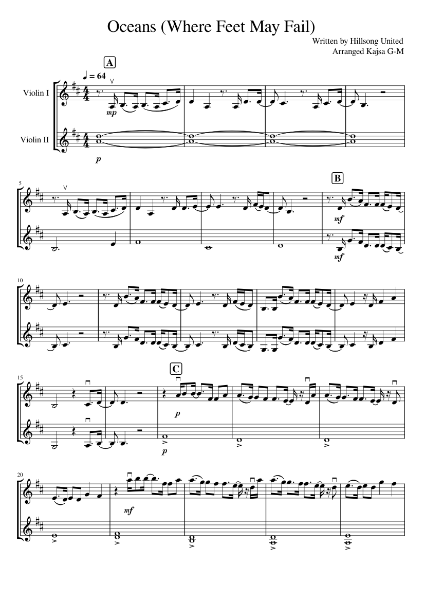 Oceans String Oceans (Where Feet May Fail) – Hillsong United (Violin Duet) Sheet ...