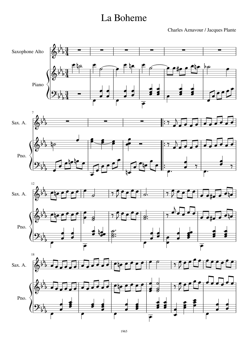 La Bohème Sheet music for Piano, Saxophone alto (Solo) | Musescore.com