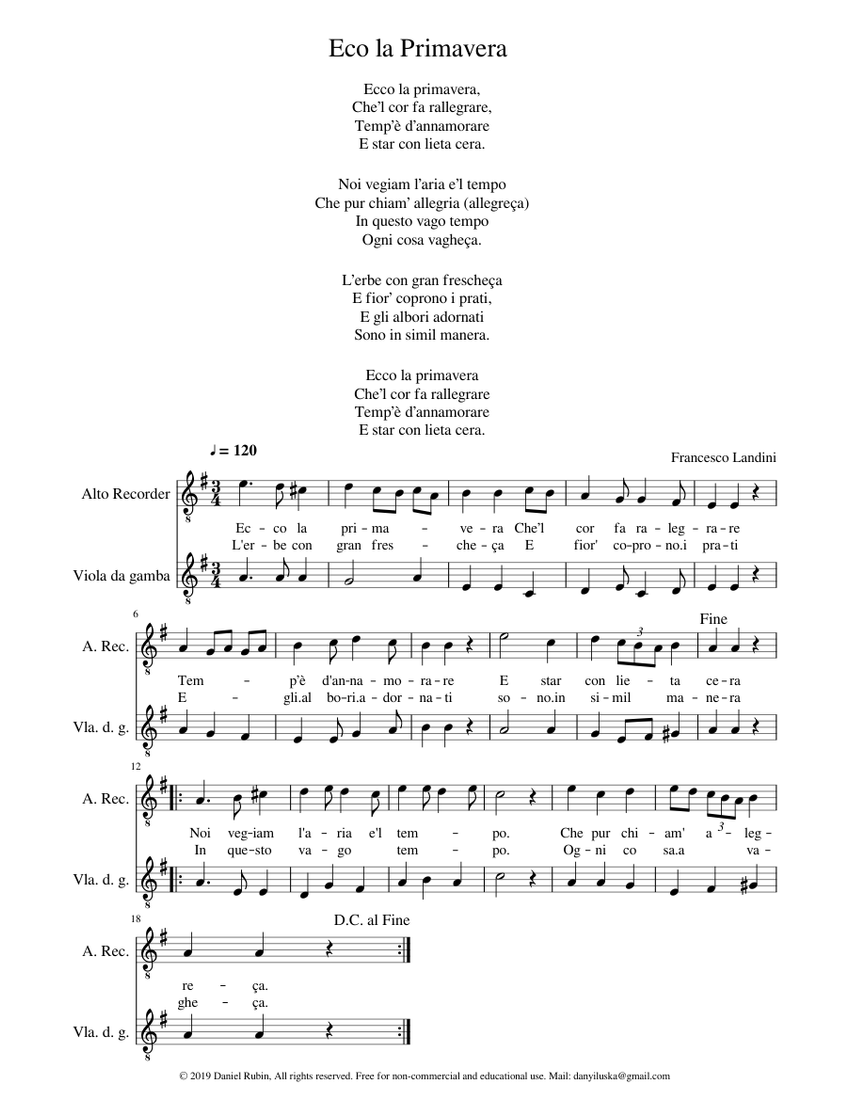 Francesco Landini - Ecco la primavera Sheet music for Recorder (Mixed Duet)  | Musescore.com