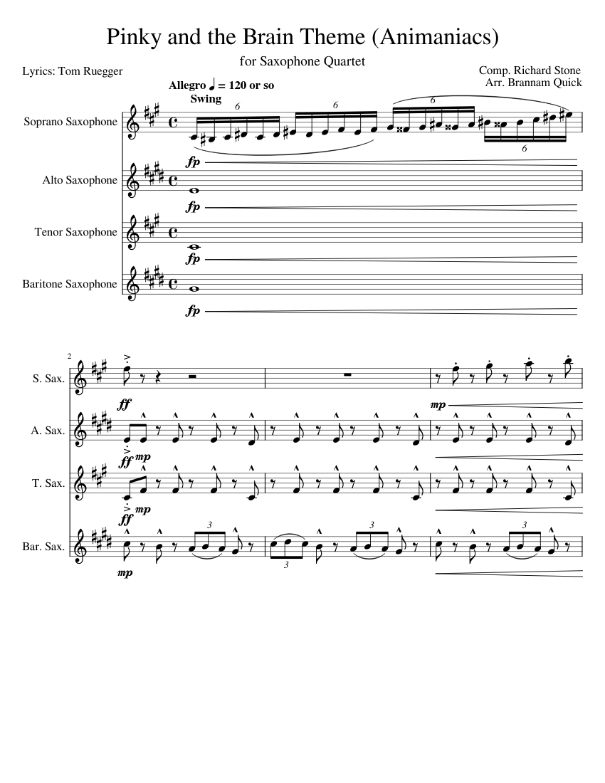 Pinky And The Brain Theme Animaniacs Sheet Music For Saxophone Alto Saxophone Tenor Saxophone Baritone Saxophone Soprano Saxophone Ensemble Musescore Com The acme song # 3 h.m.s. brain theme animaniacs sheet music