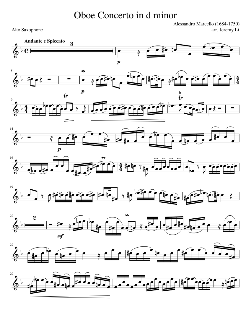 Oboe Concerto in d minor for Alto Saxophone Sheet music for Saxophone alto  (Solo) | Musescore.com