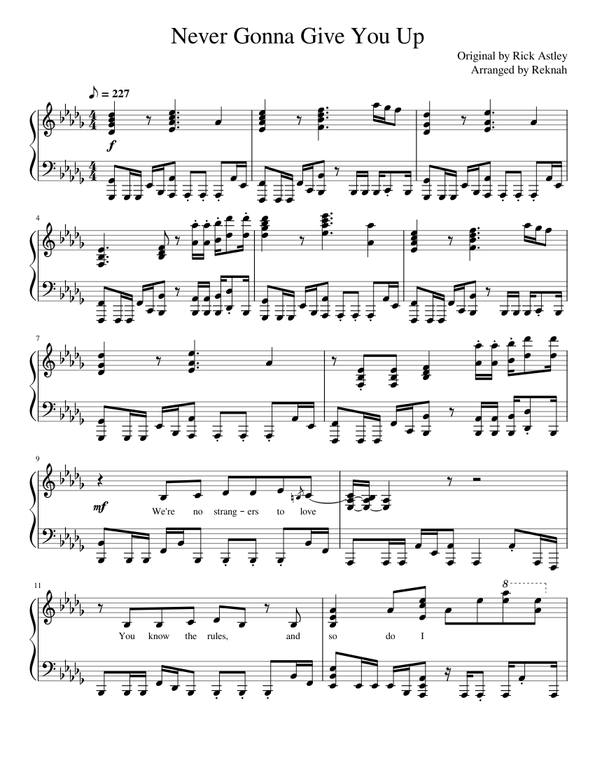 Never Gonna Give You Up Rick Astley Sheet Music For Piano Solo 