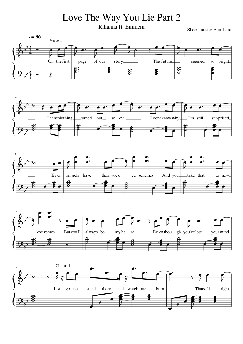 Love The Way You Lie Part 2 - Rihanna Eminem (full version with lyrics)  Sheet music for Piano (Solo) | Musescore.com