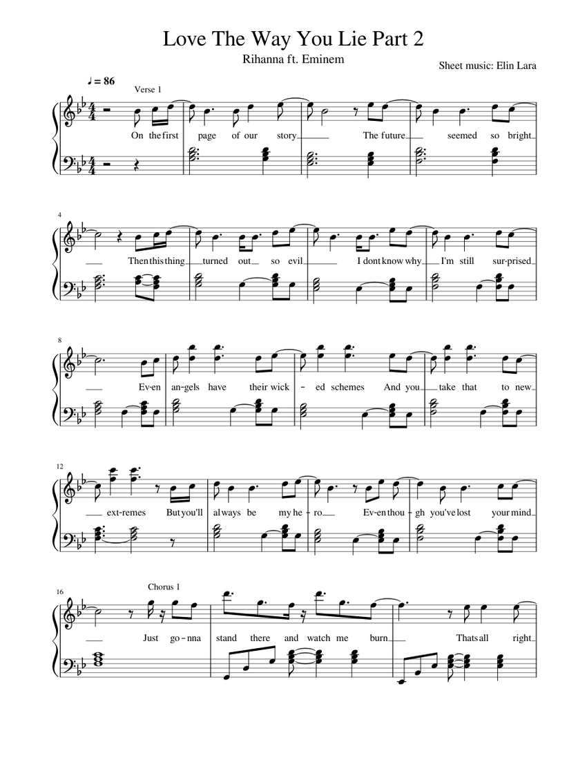 Love The Way You Lie Part 2 - Rihanna Eminem (full version with lyrics) Sheet  music for Piano (Solo) | Musescore.com