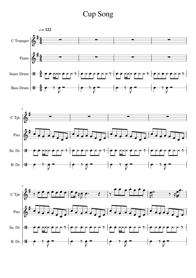 Cup Song Sheet music for Piano, Snare drum, Bass drum, Trumpet in c