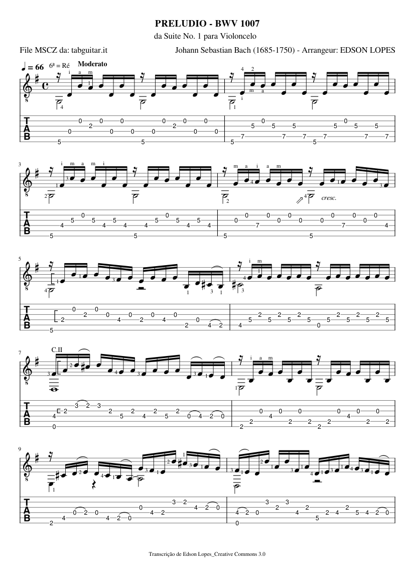 Preludio, BWV 1007 – Johann Sebastian Bach Sheet Music and Tab for ...