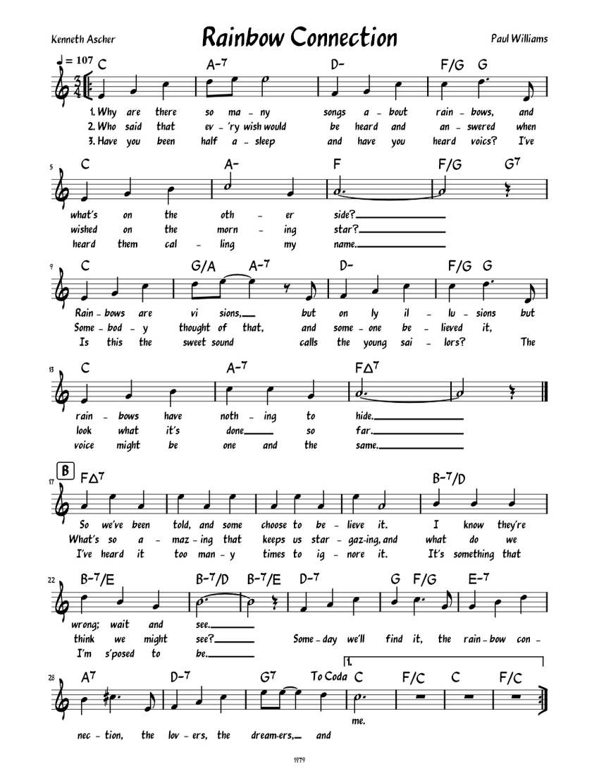 Rainbow Connection (Lead sheet with lyrics ) Sheet music for Piano