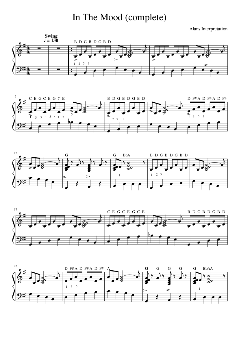 In The Mood (complete) Sheet Music for Piano (Solo) easy