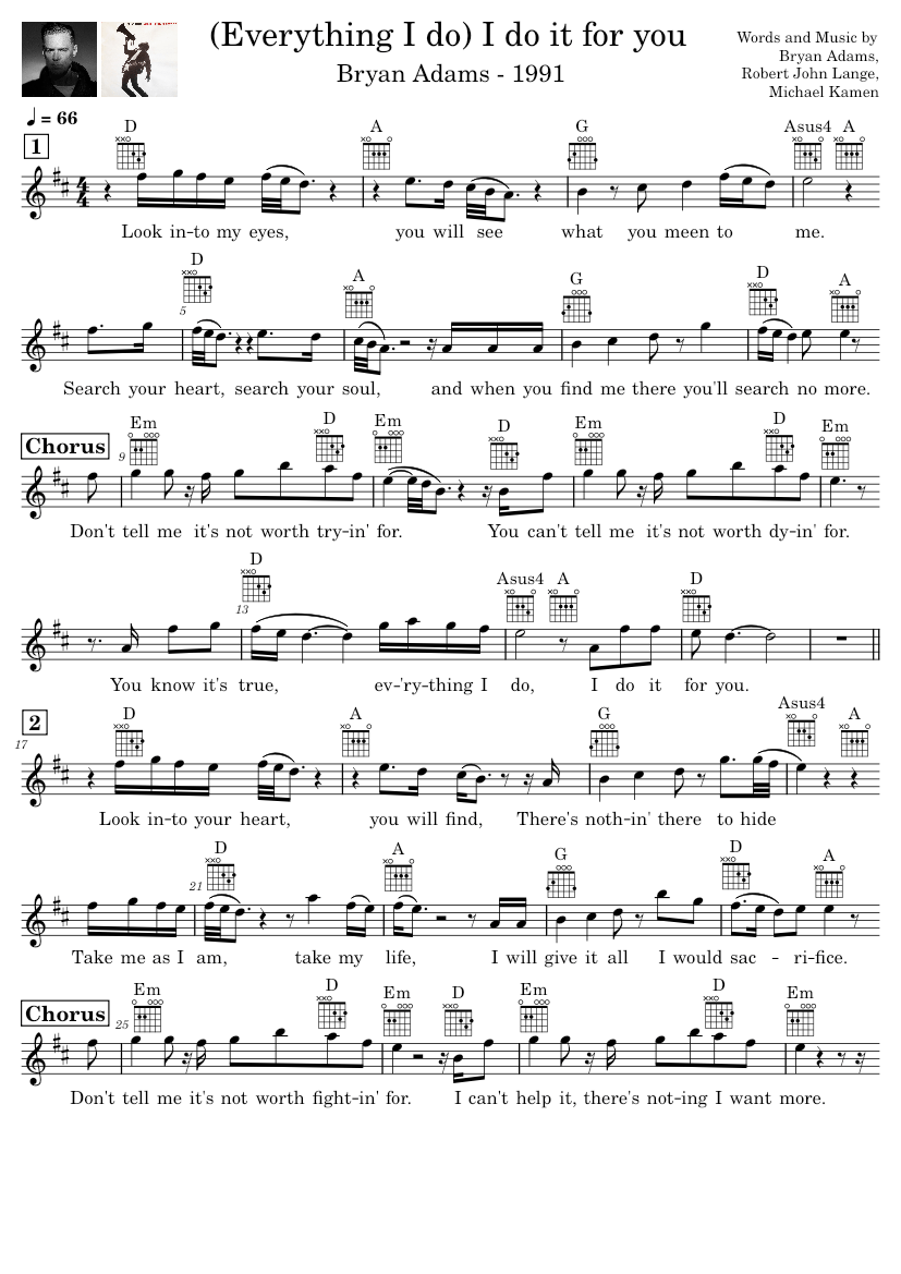 (Everything I Do) I Do It for You – Bryan Adams Sheet Music with Chords ...