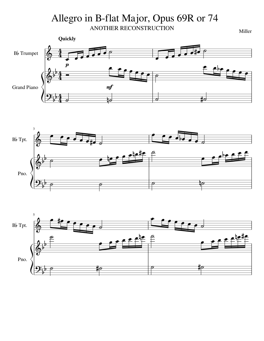 Allegro in B flat Major, Opus 69R or 74 Sheet music for Piano, Trumpet ...