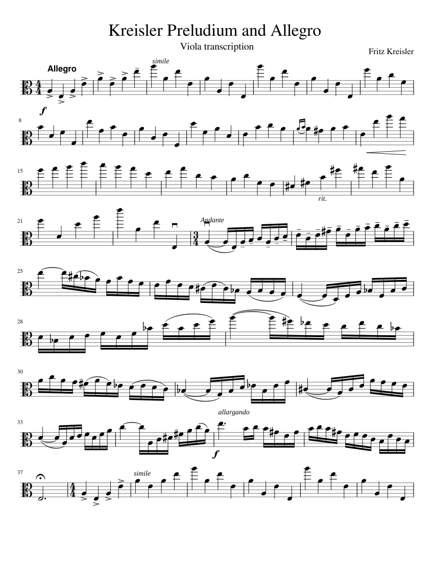 Kreisler Preludium and Allegro Viola arr. Sheet music for Viola (Solo) |  Musescore.com