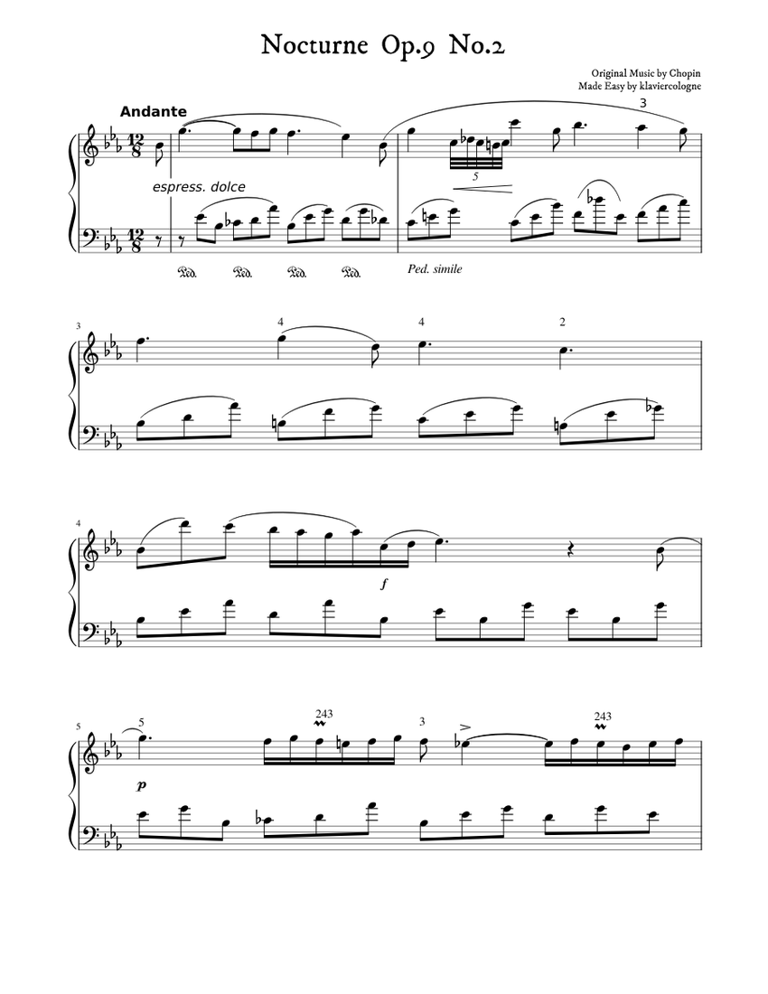 Chopin Nocturne Op.9 No.2 Transcription for Easy Piano Sheet music for