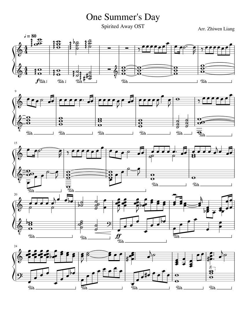 One Summer's Day - Spirited Away OST - Arr. Zhiwen Liang; Dedicated to  Hannah Baldoz Sheet music for Piano (Solo) | Musescore.com