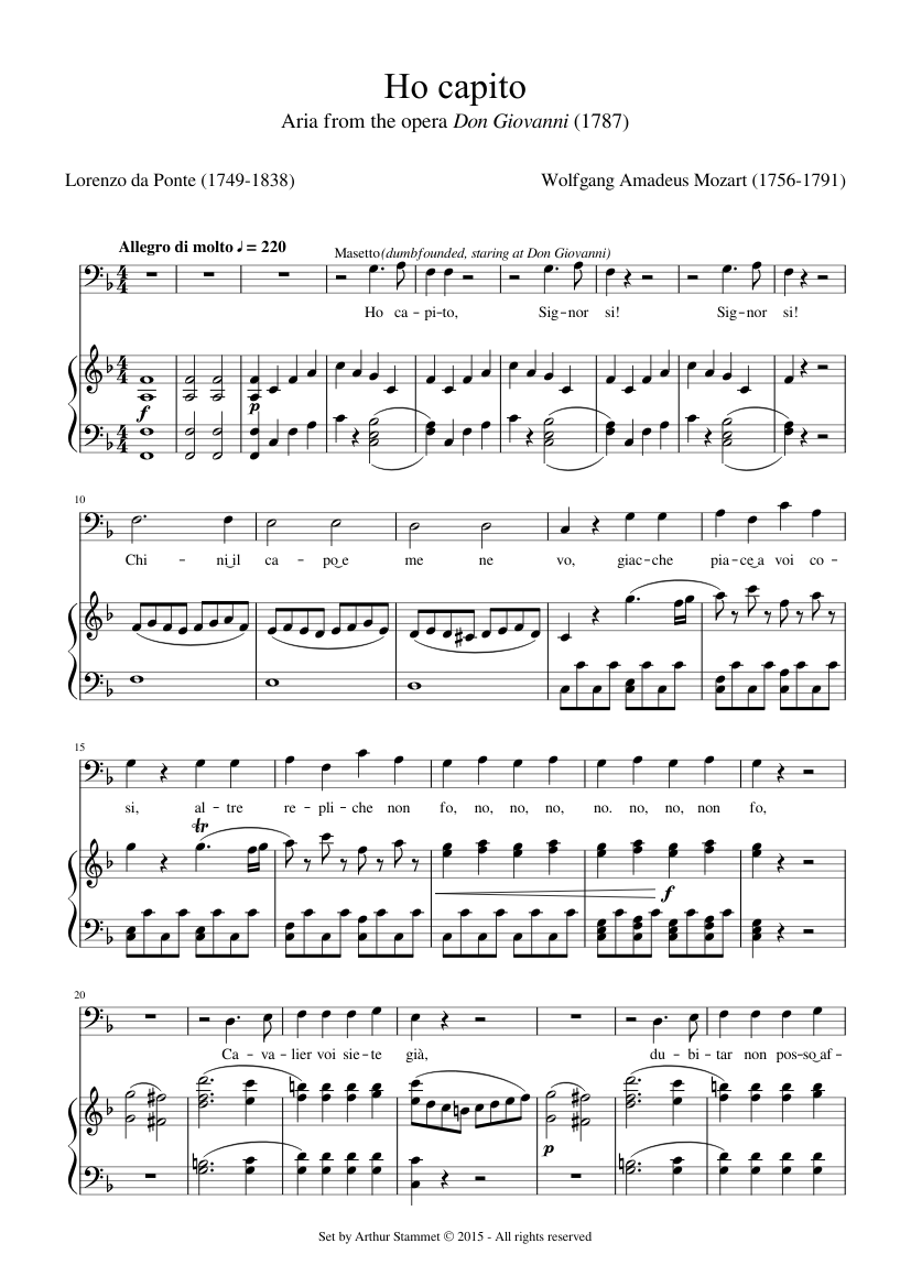 Mozart - Don Giovanni - Ho capito Sheet Music for Piano, Baritone