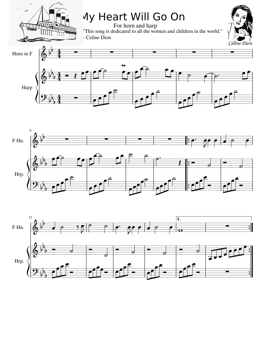 My heart will go on – Celine Dion My Heart Will Go On for Horn and Harp  Sheet music for French horn, Harp (Mixed Duet) | Musescore.com