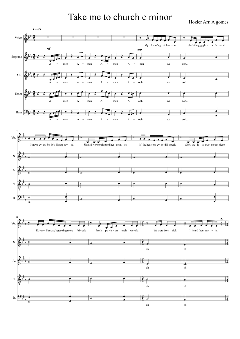 Take me to church c minor (a cappella) Sheet music for Bass guitar, Voice  (other) (Mixed Duet) | Musescore.com