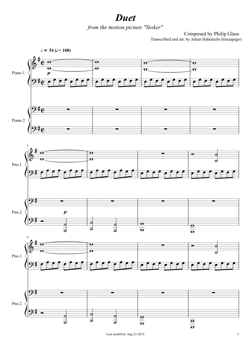 Duet (Stoker) - Philip Glass Sheet music for Piano (Piano Duo) |  Musescore.com