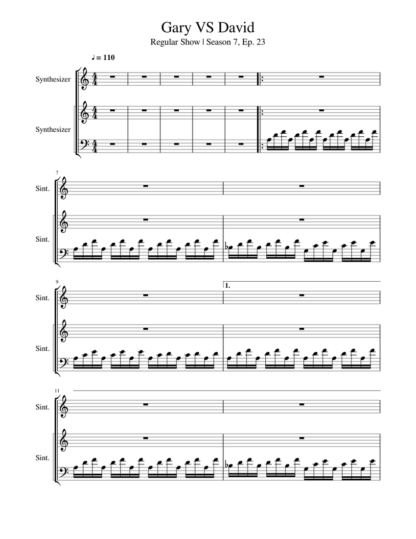 Regular Show | Gary vs David Synthesizer Duel Sheet music for Bass guitar,  Drum group, Strings group, Synthesizer (Mixed Ensemble) | Musescore.com