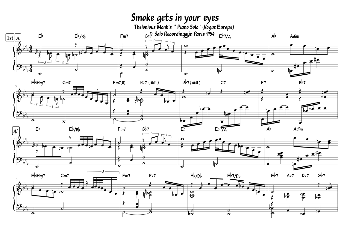 Smoke gets in your eyes played by Thelonious Monk Sheet music for Piano  (Solo) | Musescore.com
