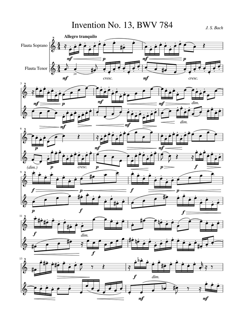 Bach Invention 13.pdf Invention no. 13 - Bach (two recorders) Sheet music for Recorder ...
