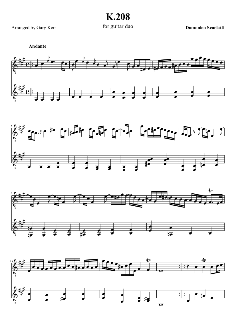 K.208, Domenico Scarlatti Sheet music for Guitar (Mixed Duet) |  Musescore.com