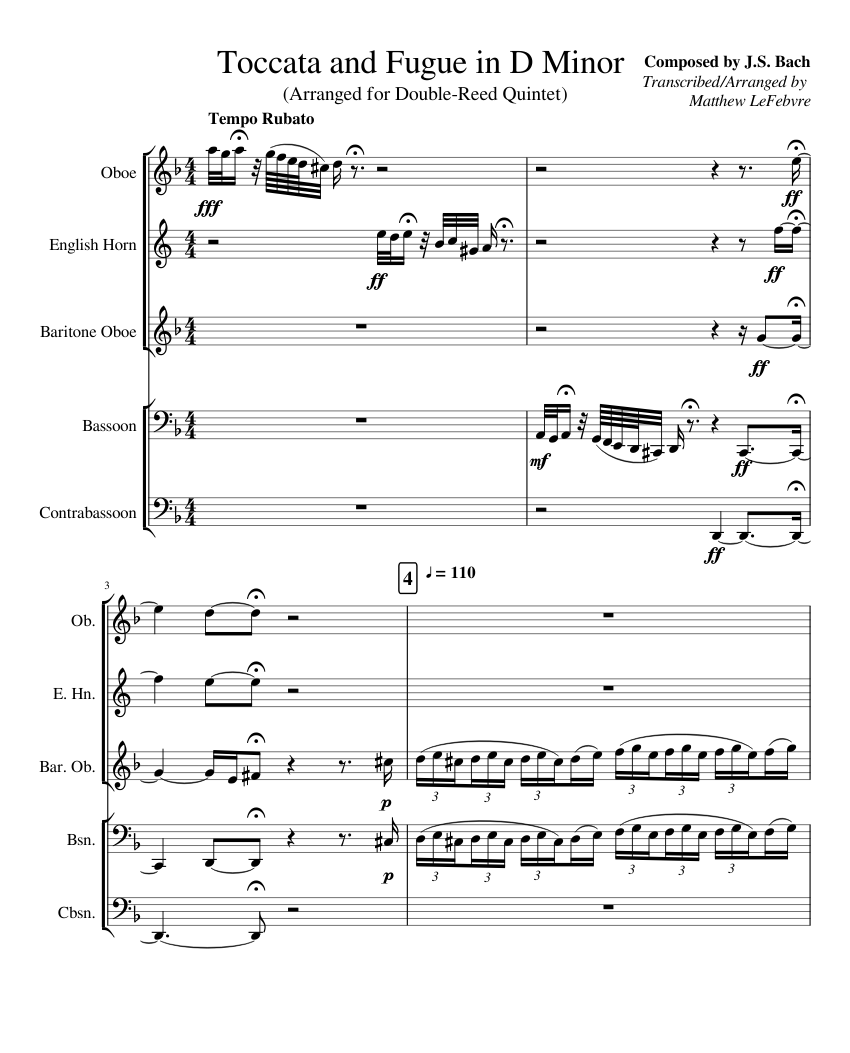 Toccata and Fugue in D Minor (BWV 565) For Double-Reed Quintet Sheet ...