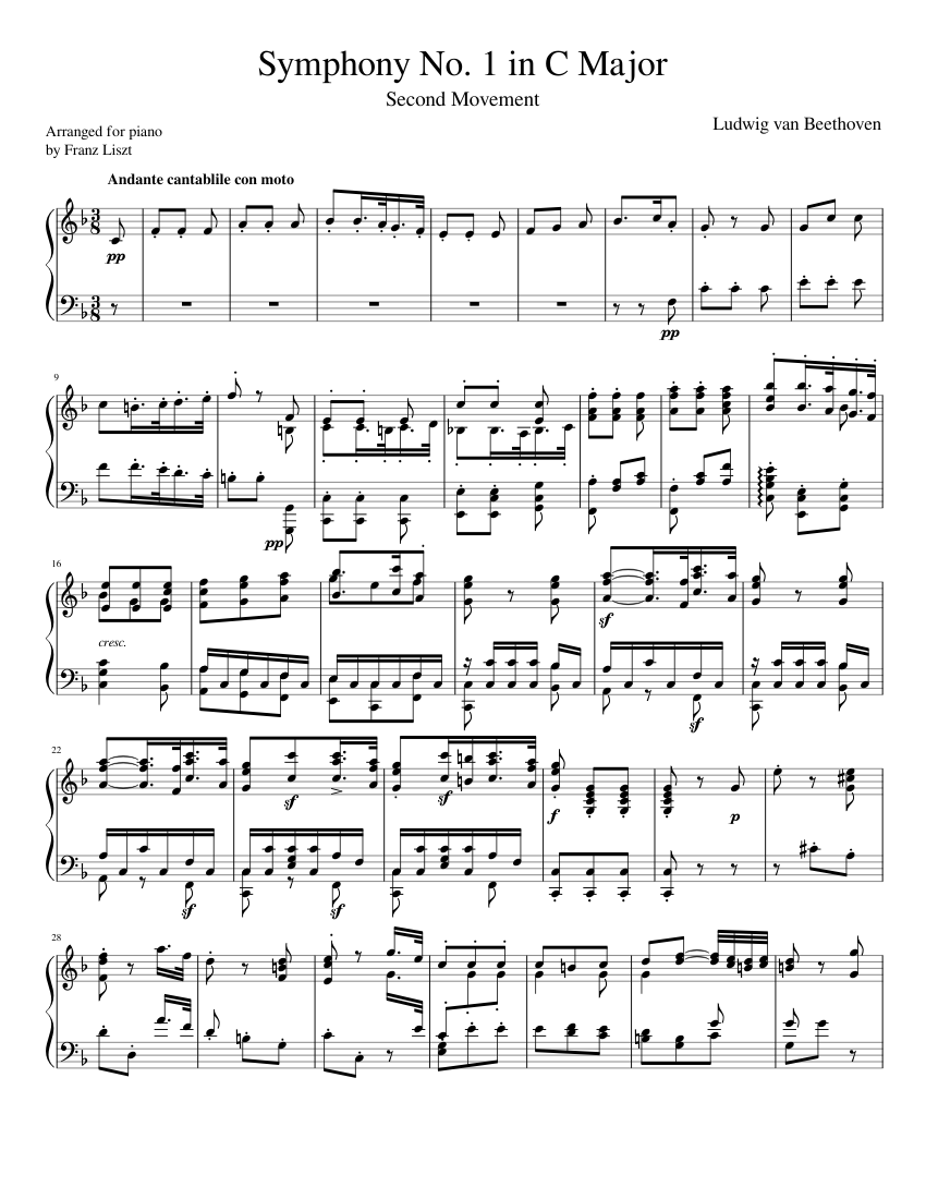 Beethoven Symphony No. 1 (2nd movement) Piano solo Sheet music for Piano  (Solo) | Musescore.com