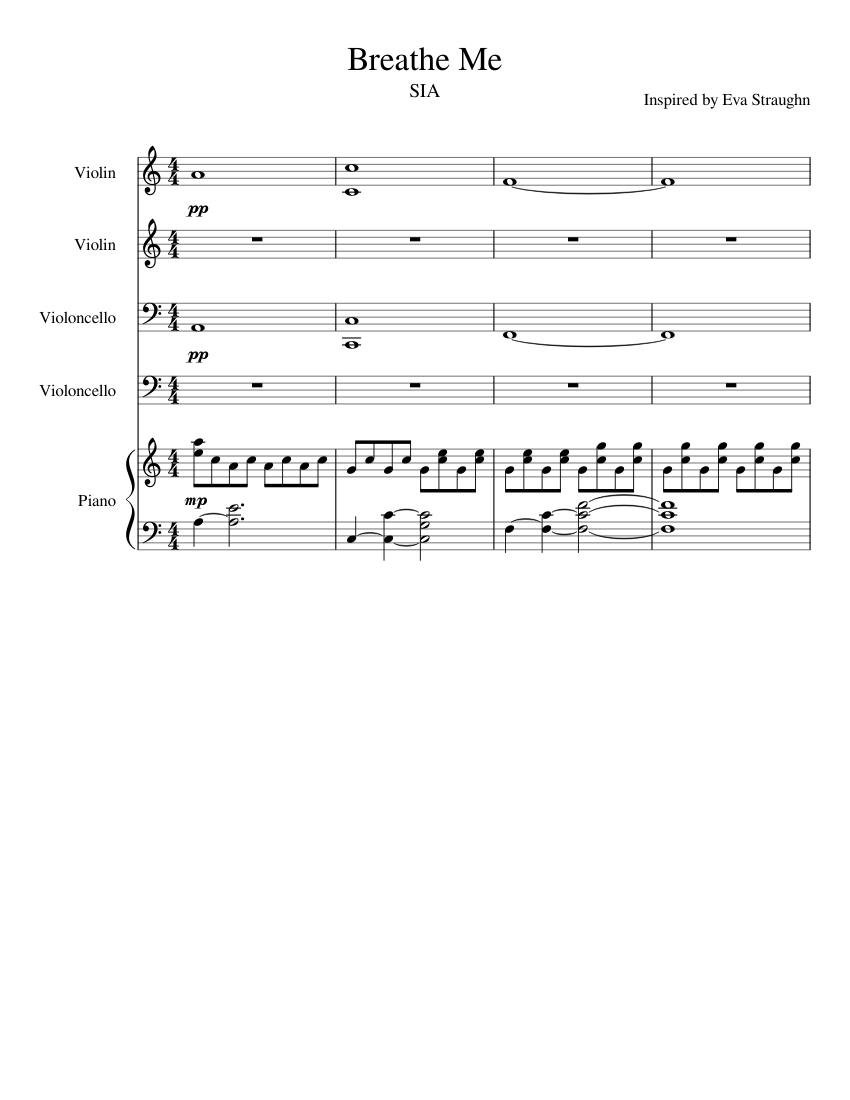 Breathe Me Strings Sheet music for Piano, Violin, Cello (Mixed Quintet) |  Musescore.com