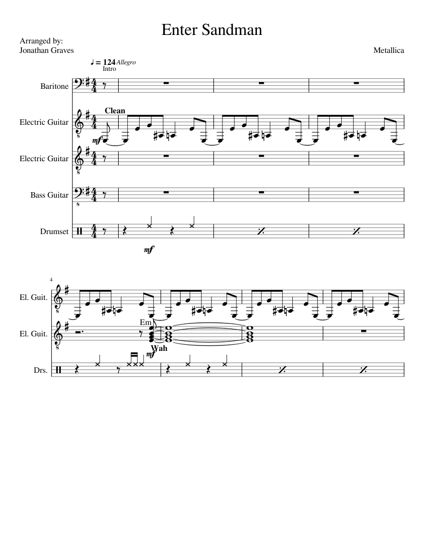 free sheet music for Enter Sandman by Metallica arranged by Abr0gate for Ba...