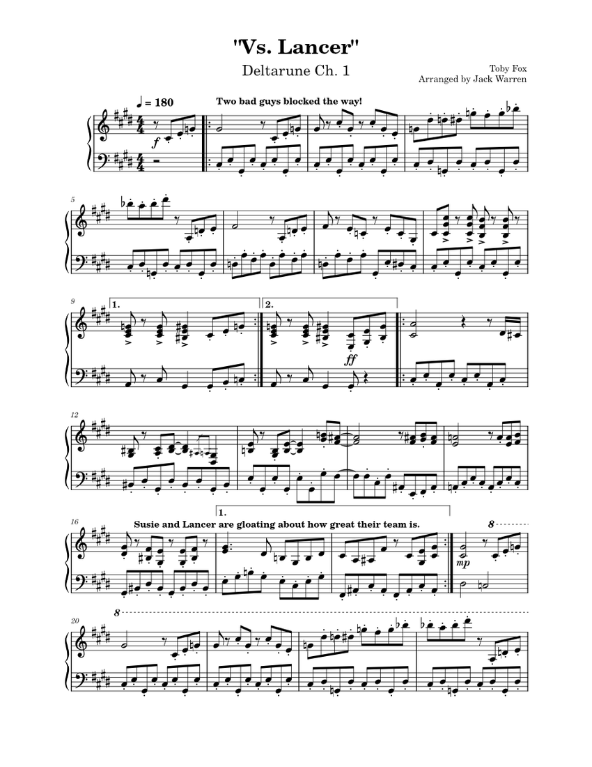 Vs lancer toby fox deltarune ch 1 sheet music for piano solo