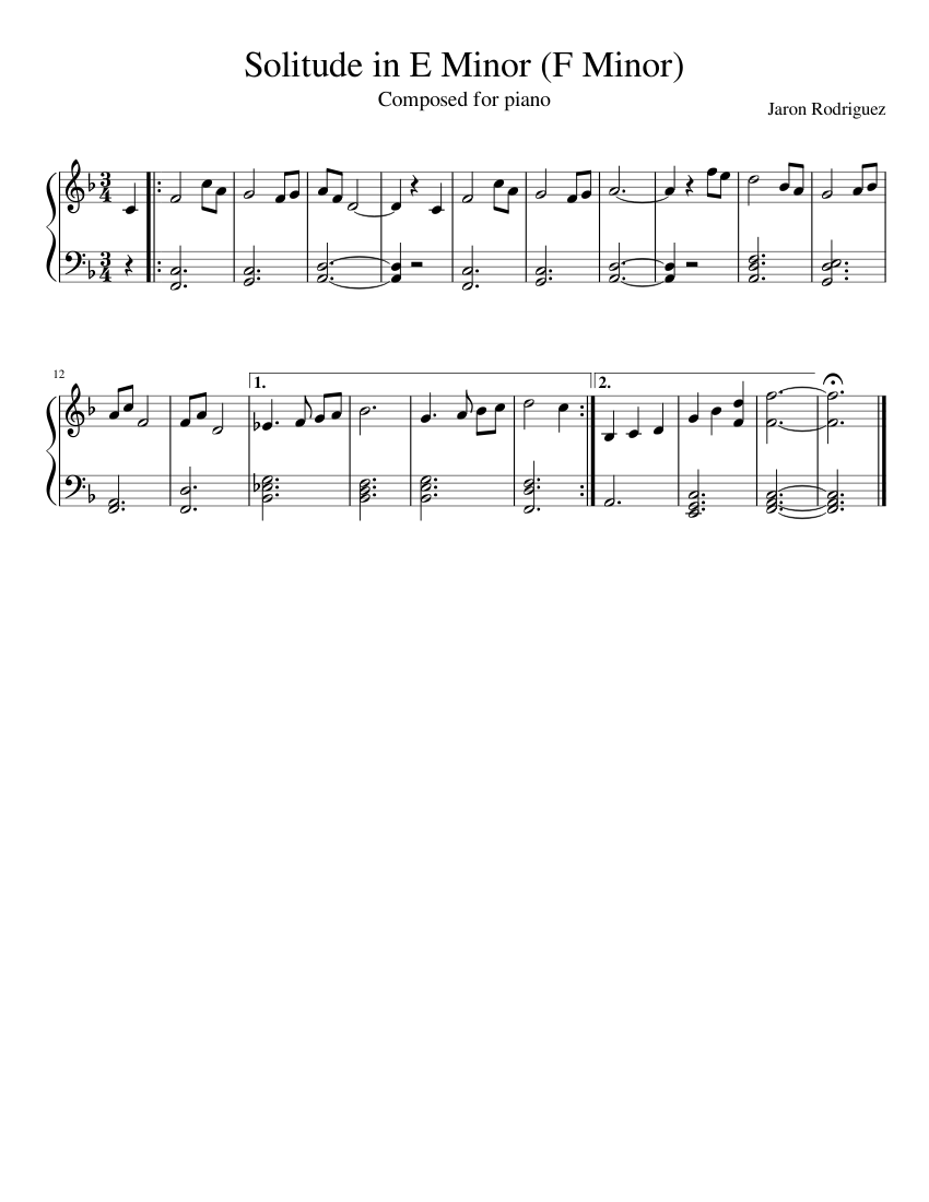 Solitude in E Minor (F Minor) Sheet music for Piano (Solo) Easy ...