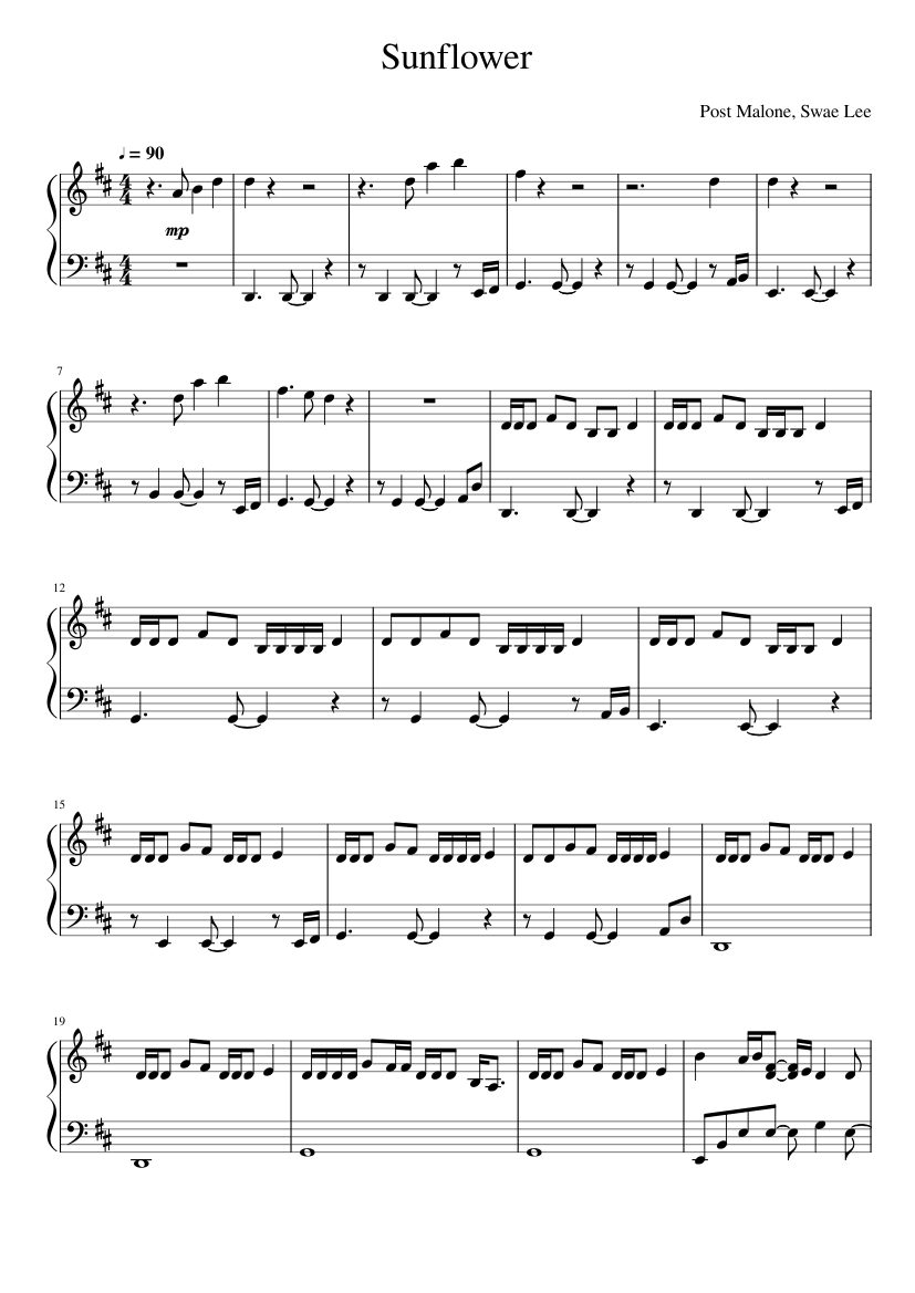 roblox post malone sunflower piano sheet music