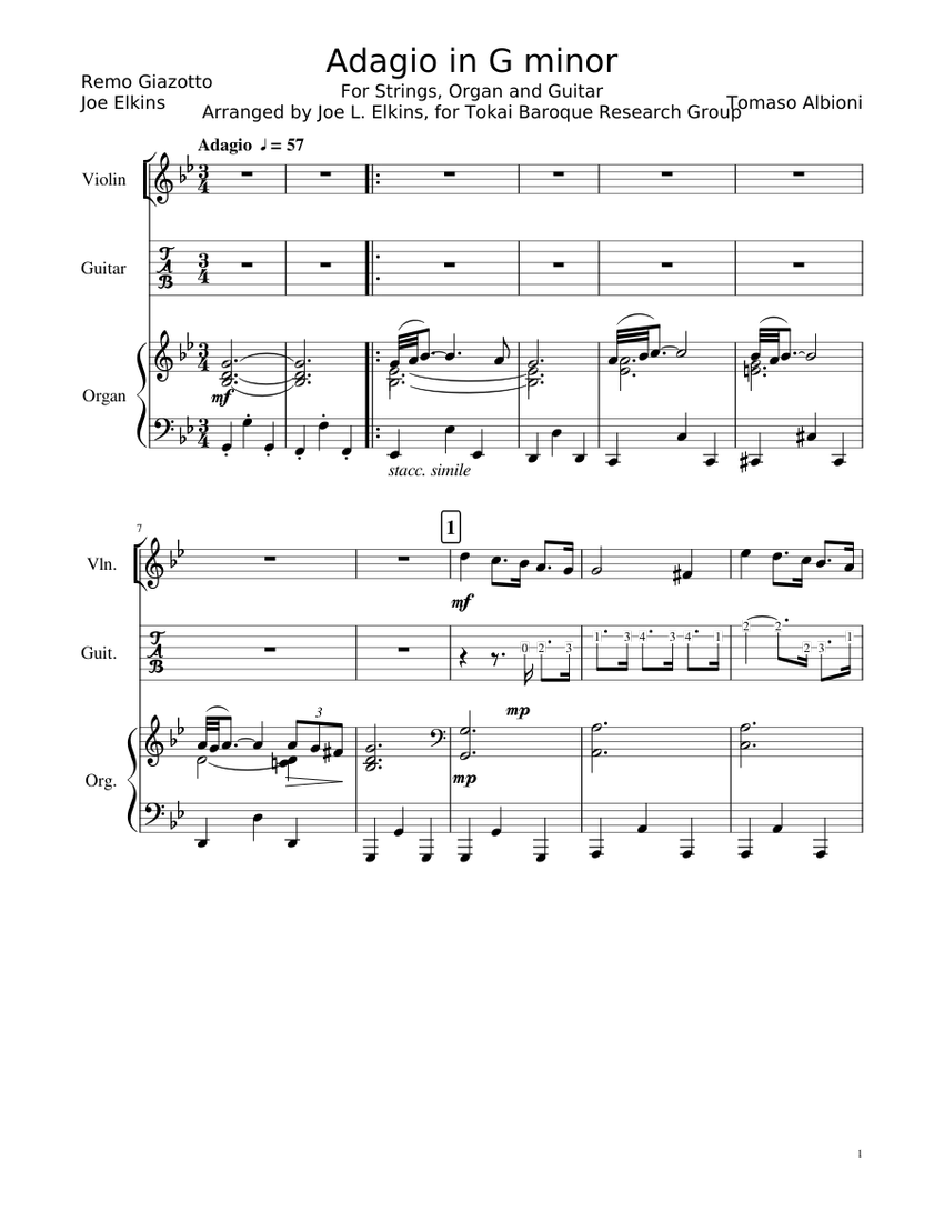 Adagio in G minor (Vln, Guit, Org) Sheet music for Violin, Organ, Guitar  (Mixed Trio) | Download and print in PDF or MIDI free sheet music |  Musescore.com
