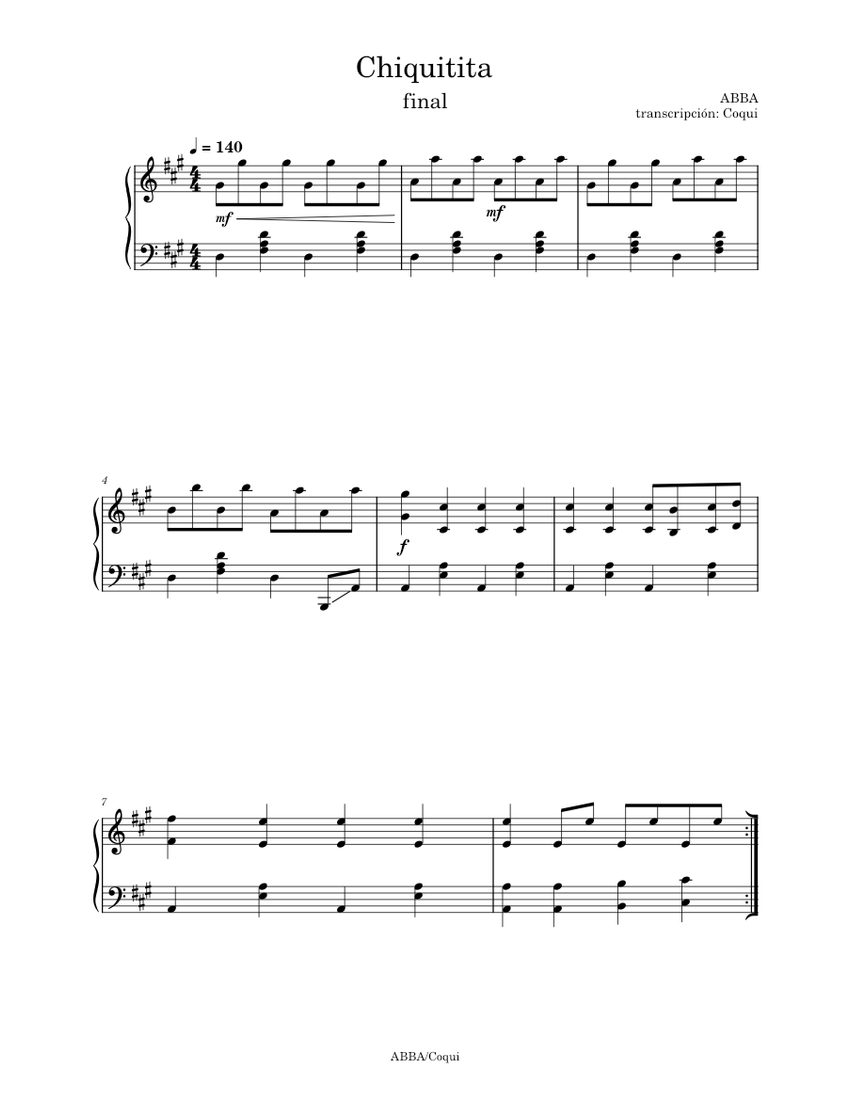 Chiquitita – ABBA (ending) Sheet music for Piano (Solo) Easy | Musescore.com