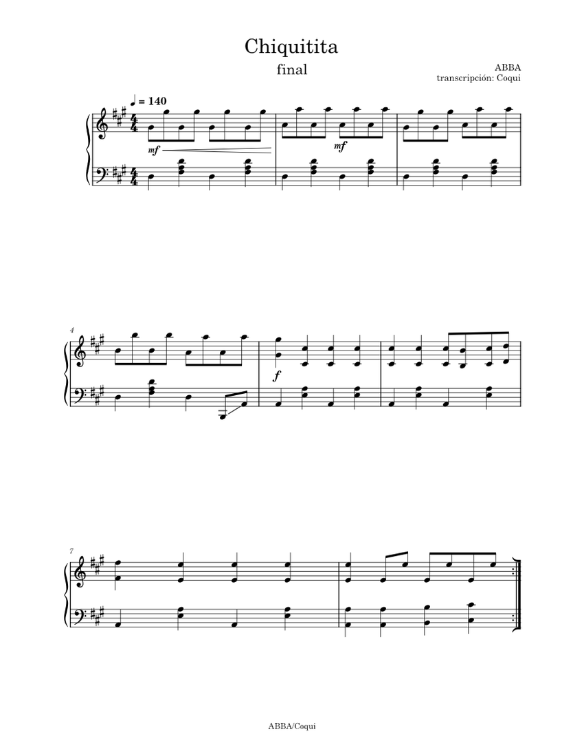 Chiquitita ABBA (ending) Sheet music for Piano (Solo) Easy