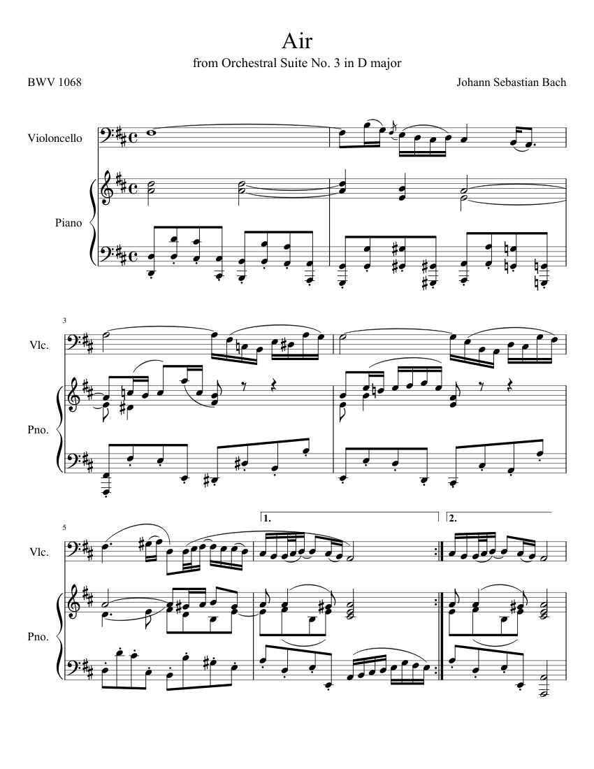 Bach's Air for Violoncello and Piano (from Orchestral Suite No. 3 in D  major, BWV 1068) Sheet music for Piano (Solo) | Musescore.com