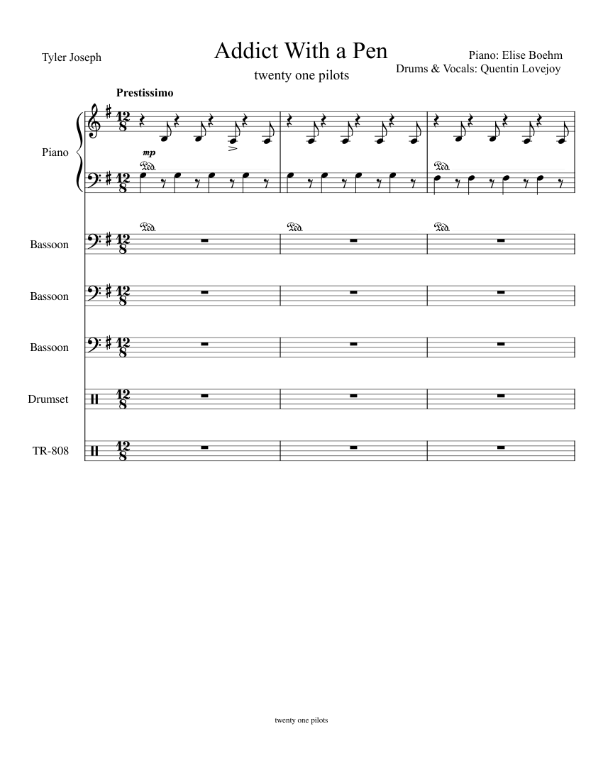 Addict With a Pen Sheet music for Piano, Bassoon, Drum group (Piano Sextet)  | Musescore.com