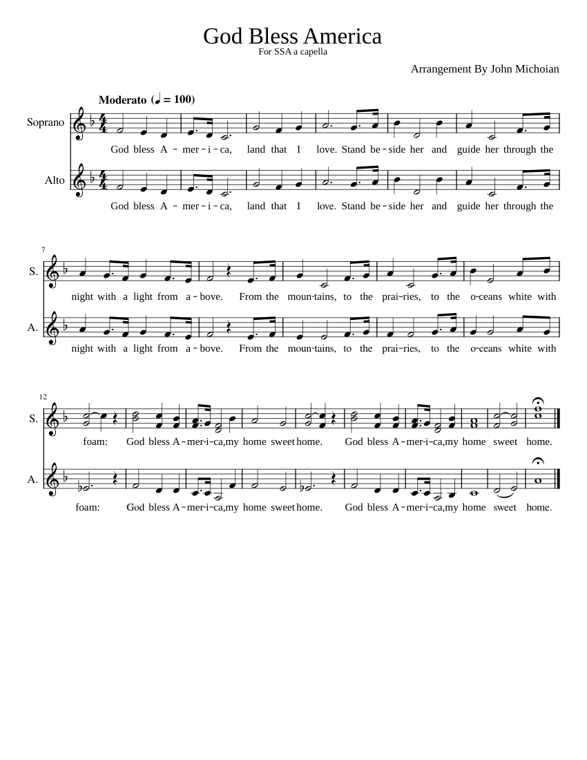 God Bless America SSA Sheet Music For Soprano Bass Voice Choral   Score 0 @850x1100