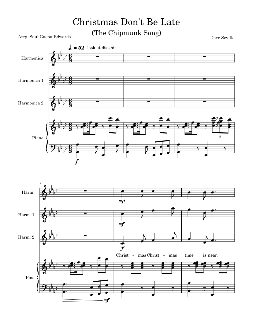 Christmas Don't Be Late – Dave Seville Sheet music for Piano, Harmonica (Mixed Trio)  Musescore.com