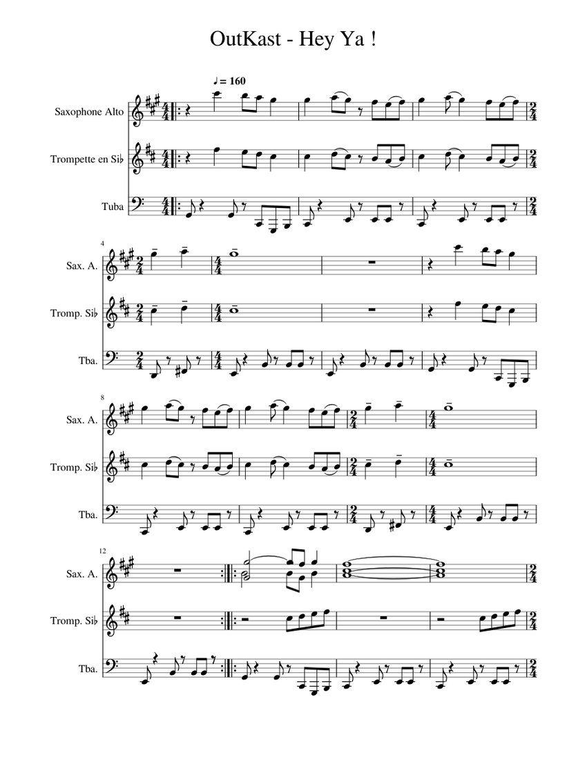 OutKast Hey Ya Sheet music for Tuba, Saxophone alto, Trumpet in bflat