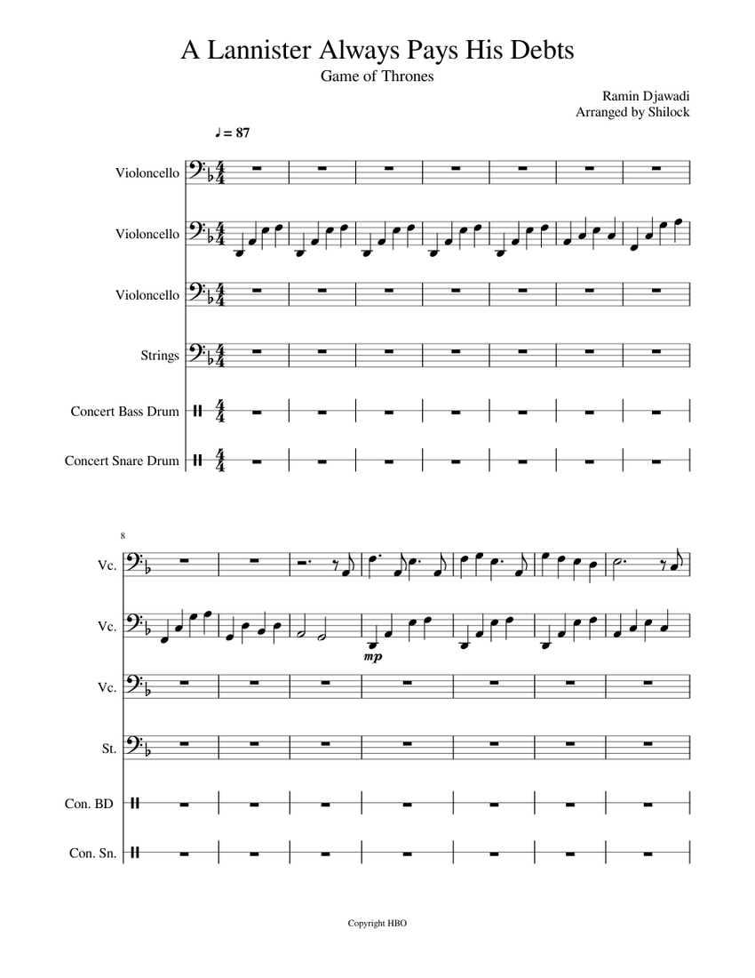 Game of Thrones - A Lannister Always Pays His Debts Sheet music for Snare  drum, Cello, Bass drum, Strings group (Mixed Ensemble) | Musescore.com